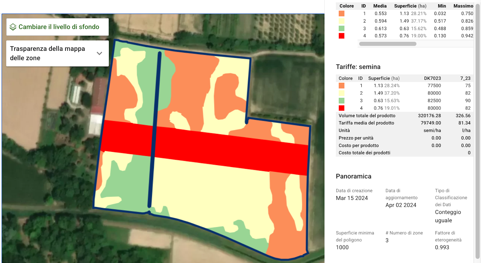 The GeoPard VRA seeding map for silage corn, with the trial line.