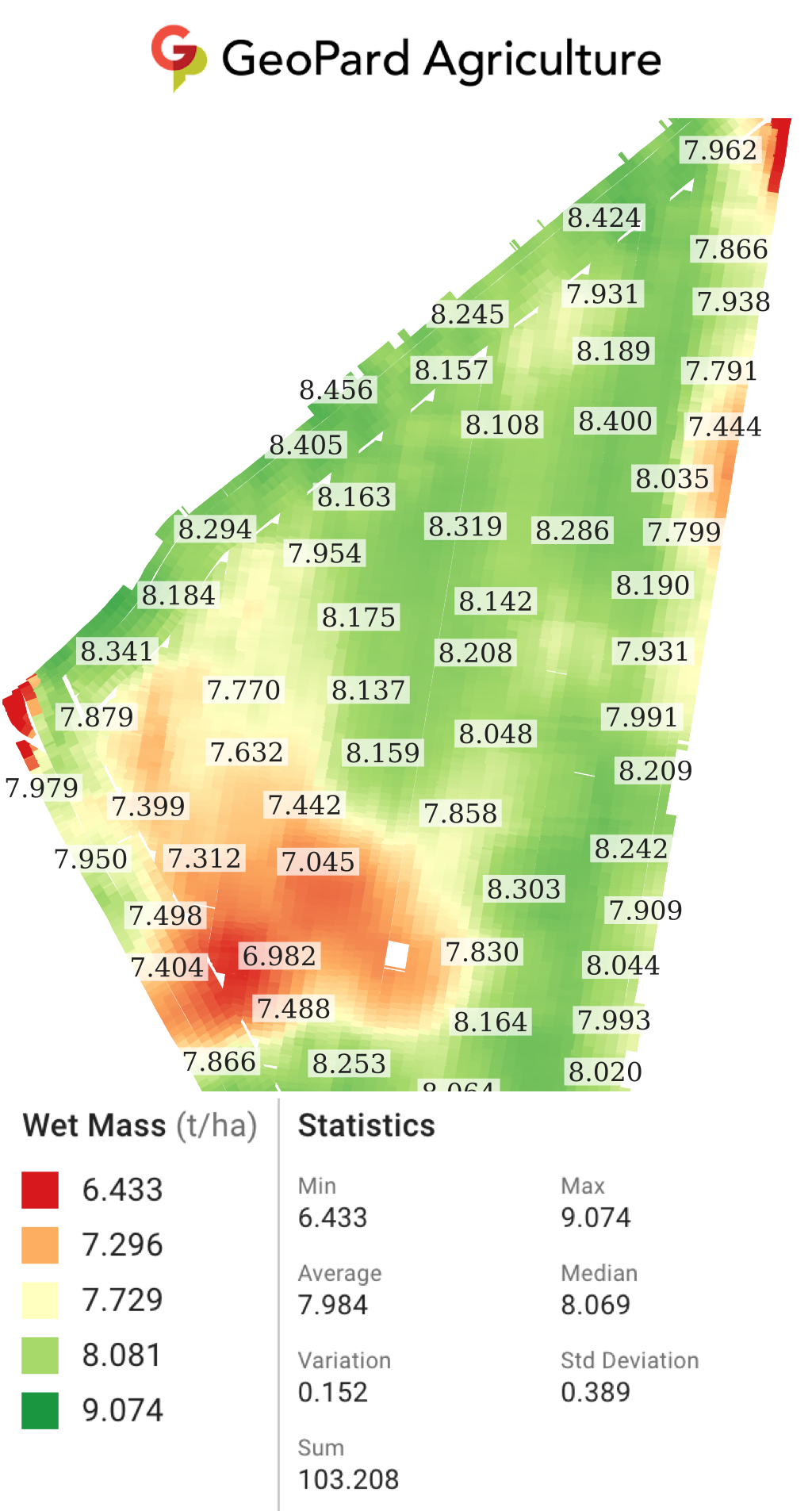 Calibrated wet mass yield map for harvest 2023-08-08